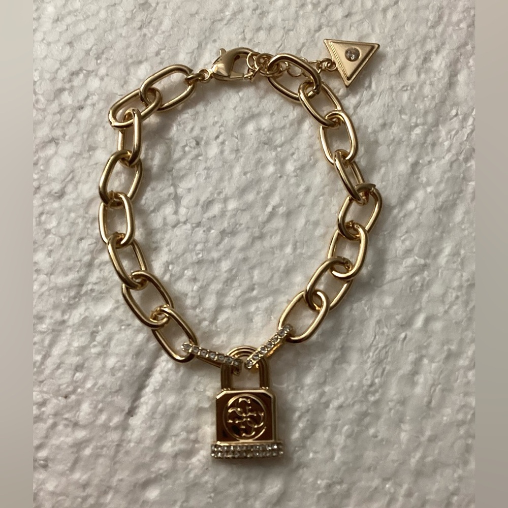 Guess Gold-Tone Logo Padlock Charm Chain Bracelet